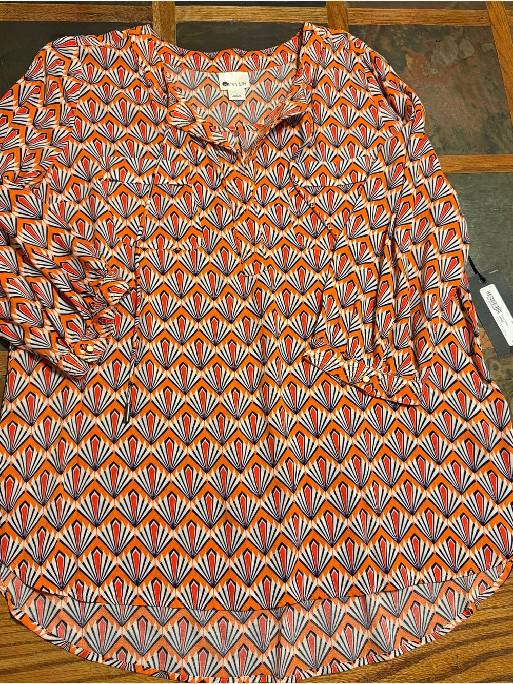 STYLUS Orange and White Geometric Print Women's Blouse